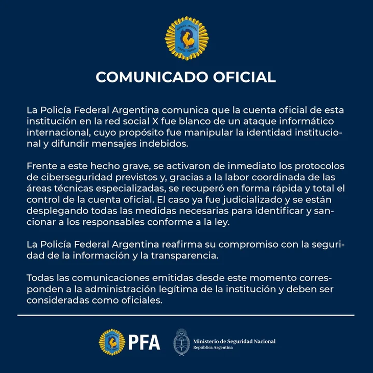 El comunicado oficial de la PFA ante el ciberataque. El comunicado oficial de la PFA ante el ciberataque.