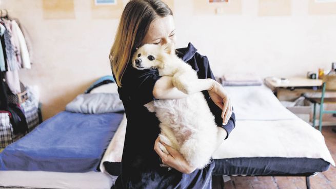 TRAGEDIA. Una mujer posa con su perro en la ciudad de Bucha, en la periferia de Kiev y una de las más castigadas por la ofensiva rusa.