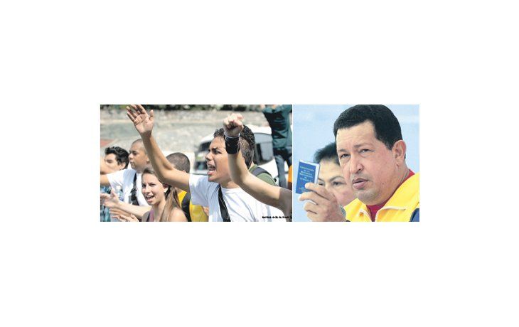 Los superpoderes con los que Chávez podrá gobernar un año y medio por decreto y los nuevos controles a los medios electrónicos e internet, leyes votadas por la Asamblea Nacional, sacaron a la calle a estudiantes opositores en Caracas (izquierda). El bolivariano (arriba) hace oídos sordos a las quejas.