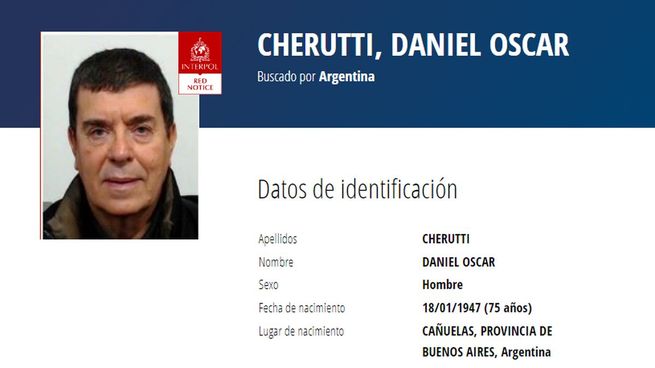 El alerta roja de Interpol contra Daniel Oscar Cherutti.&nbsp;