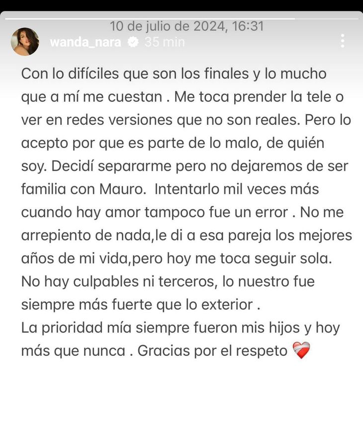 Wanda Nara confirmed her separation from Mauro Icardi: “Today I have to continue alone”