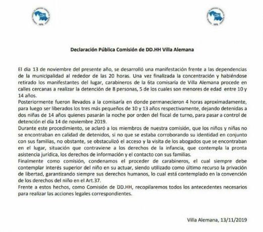 Comunicado de la Comisi&oacute;n de Derechos Humanos de Villa Alemana.