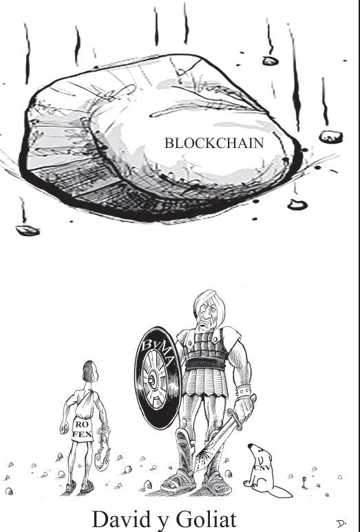 disparidad. La disputa entre el Rofex y el ByMA, recreada en una caricatura que advierte sobre los riesgos que implica esa situación.