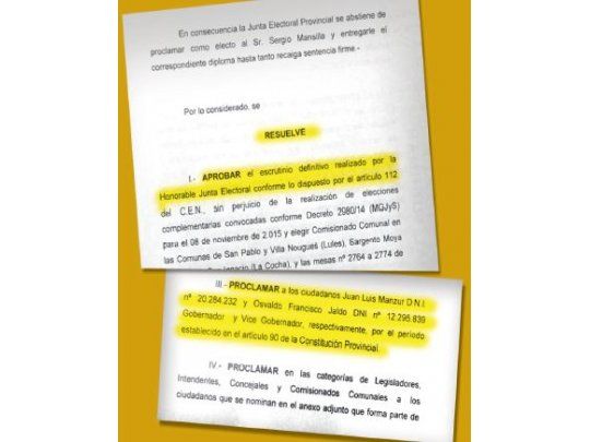 Antonio Gandur, titular de la Junta Electoral Provincial, la vocal Ana Paz y el secretario Darío Almaraz proclamaron a las autoridades electas.