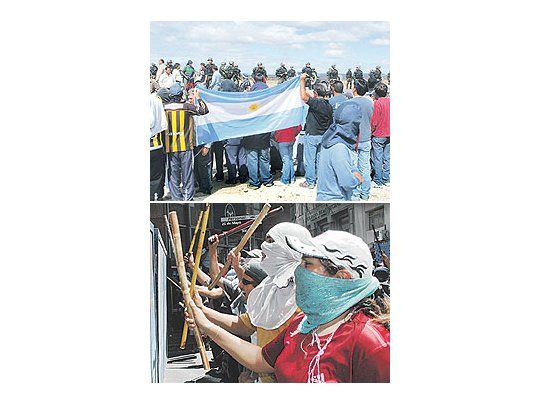Activistas en Santa Cruz. (arriba) De nuevo enmascarados en el centro de Buenos Aires. (abajo)