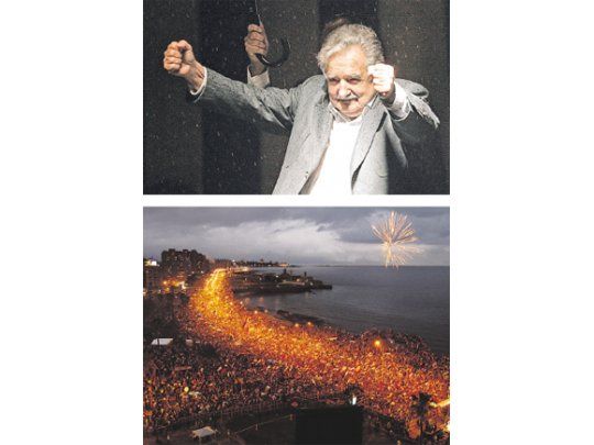 Bajo la lluvia, José Mujica saludó anoche a una multitud frenteamplista en la Rambla de Montevideo.
