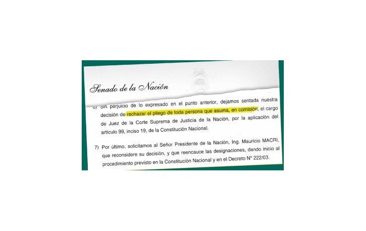 Los senadores avisaron que no votarán los pliegos de Rosatti y Rosenkrantz si éstos aceptan asumir como cortesanos “en comisión”.