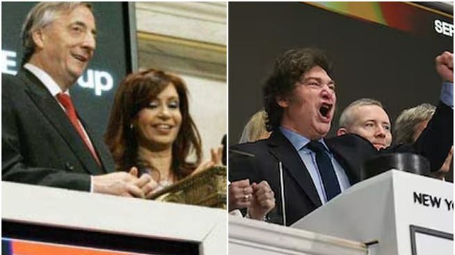 Dos épocas. Néstor Kirchner, en 2006 (acompañado por Cristina) y Javier Milei este lunes, en el inicio de la actividad en Wall Street.