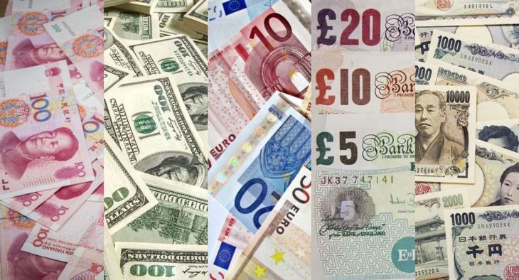 El yuan chino, el dólar estadounidense, el euro, la libra esterlina, y el yen japonés.