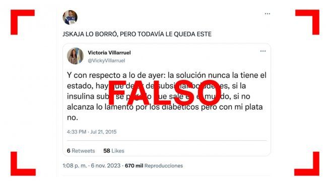 Es falso que en 2015 Victoria Villarruel tuiteó: Lo lamento por los diabéticos, pero con mi plata no