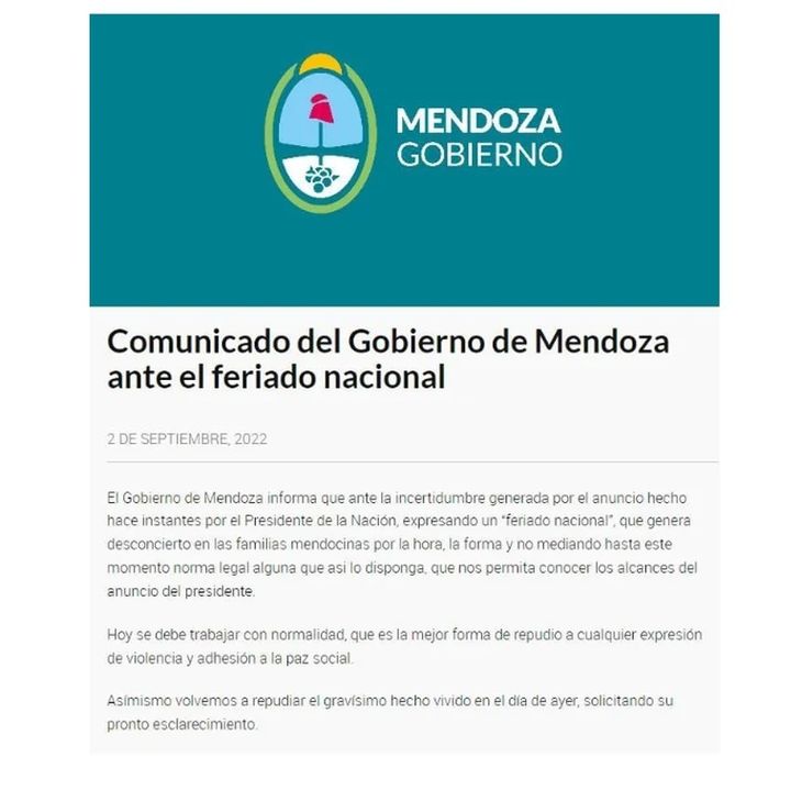El comunicado oficial por parte de la gobernación de Mendoza.