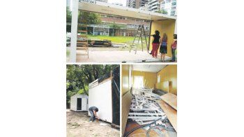 ámbito.com | Las aulas containers instaladas ayer en el patio del Lengüitas. Está previsto que para el 5 de marzo,  cuando comienzan las clases, estudien en ellas entre 22 y 26 niños de 5 años.