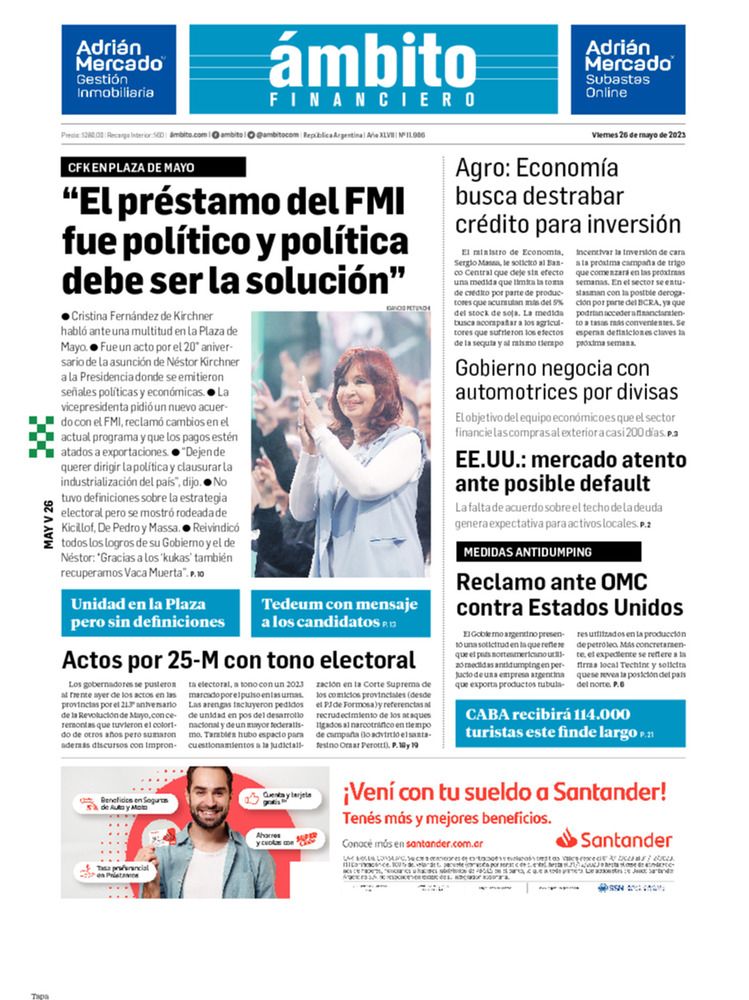 ámbito.com | Tapa Edicion Impresa del 2023-05-26