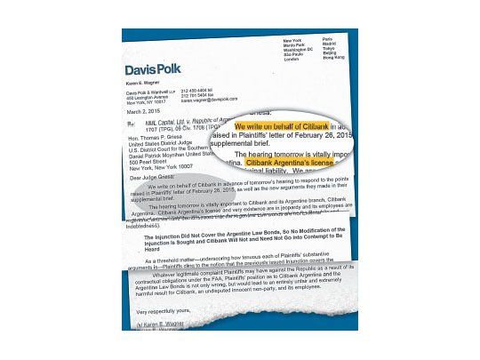 El Citibank presentó un escrito ante el juez Thomas Griesa en el que defiende la emisión de deuda fuera de Wall Street. Asegura que pagar en Buenos Aires tiene un mayor riesgo que la Argentina ya asumió.