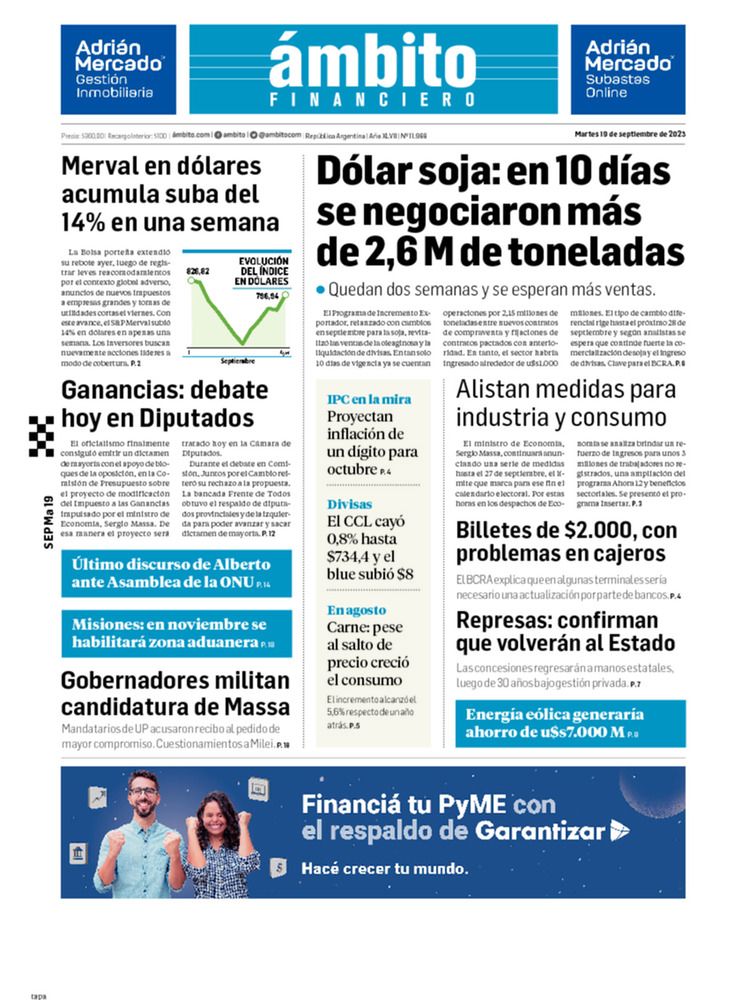 ámbito.com | Tapa Edicion Impresa del 2023-09-19
