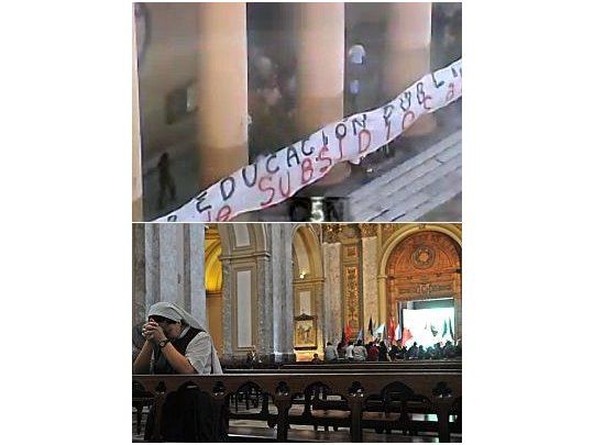 La Catedral porteña fue ocupada por los manifestantes, que colgaron una badera frente a las columnas con una leyenda a favor de la educación pública. (Foto: captura TV C5N y Télam)