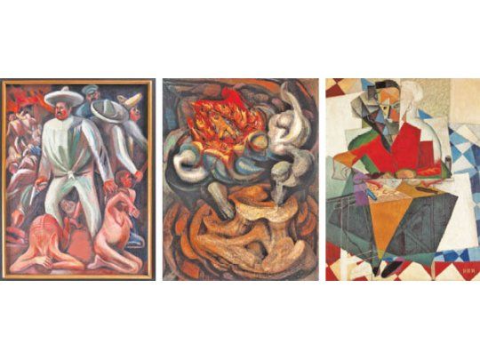El intenso trasfondo político de las obras de Orozco (izq.) y Siqueiros (centro) contrasta con las pinturas cubistas de la etapa europea de Rivera (der.), que integra la muestra de la colección del Museo Carrillo Gil mexicano.