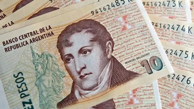 Imagen del Billete de 10 pesos común de la República Argentina.