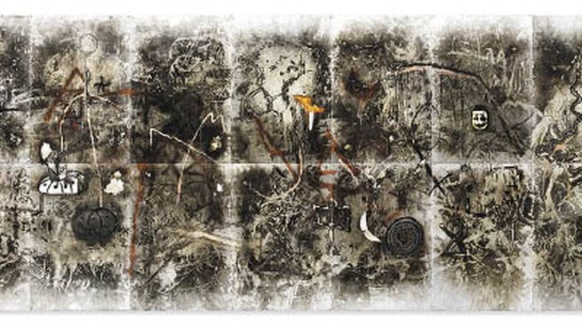 Sin lugar bajo el sol. Uno de los paneles abstractos de Tomás Espina intervenidos con tintas, pinturas y fuego sobre Durlock.