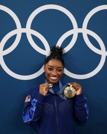 Simone Biles, after becoming all-around champion in Paris 2024. Simone Biles, after becoming all-around champion in Paris 2024.