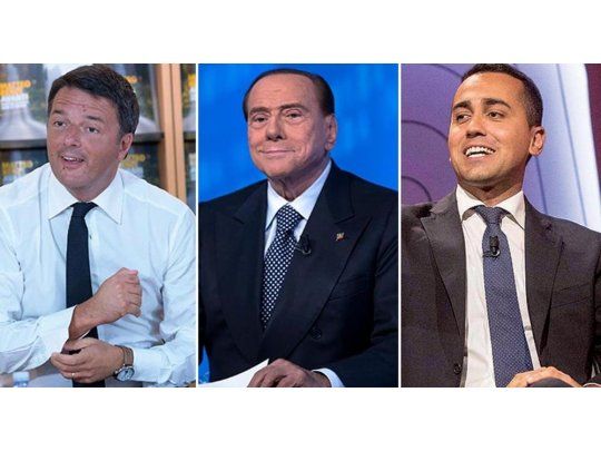 De izq. a der.: Renzi, Berlusconi (no puede presentarse pero su apoyo es clave) y Di Maio.
