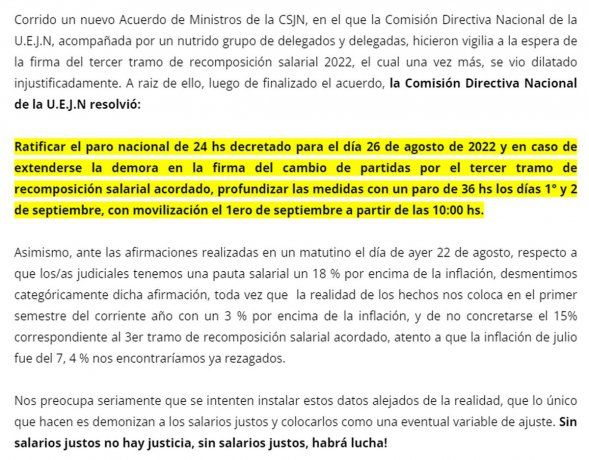 Comunicado de la Unión de Empleados de la Justicia de la Nación.