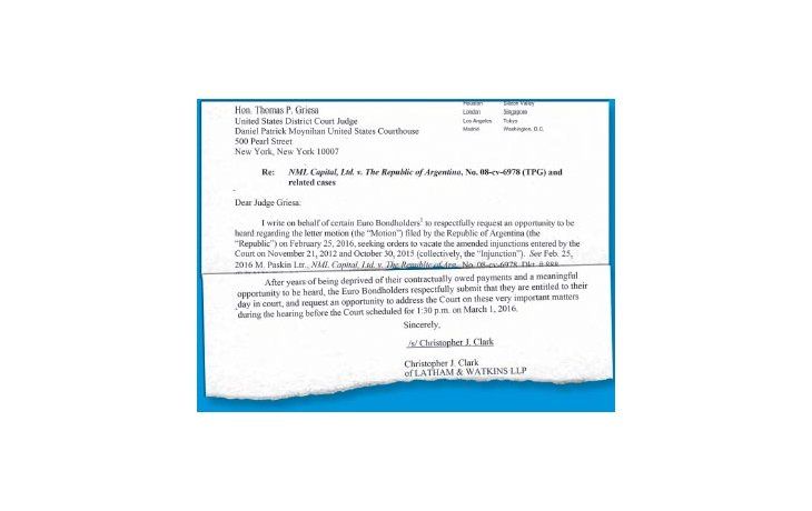 ámbito.com | Los euro bondholders (Soros) volvieron a presentar un escrito ante el juez a favor de Argentina y vuelven a reclamar que imponga  el “stay”.