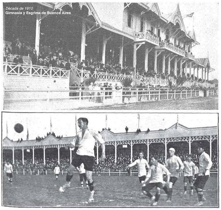 Estadio de Gimnasia y Esgrima de Buenos Aires (1910). En ese entonces era el mejor escenario del país para jugar al fútbol.