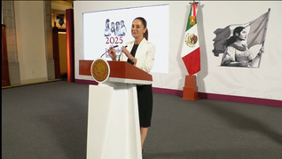 Claudia Sheinbaum habla en la Mañanera del Pueblo este viernes.