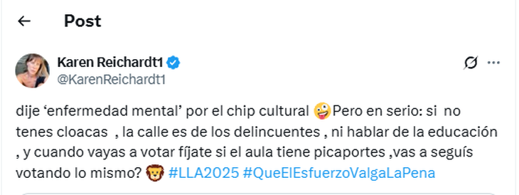 La aclaración de la candidata de LLA tras los dichos sobre los votantes de la oposición. La aclaración de la candidata de LLA tras los dichos sobre los votantes de la oposición.