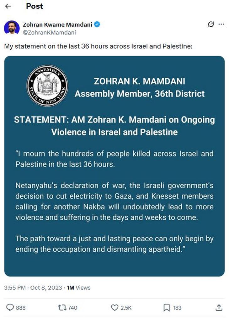 Mandani no criticó inmediatamente a Hamas por los ataques del 7 de octubre de 2023 Mandani no criticó inmediatamente a Hamas por los ataques del 7 de octubre de 2023