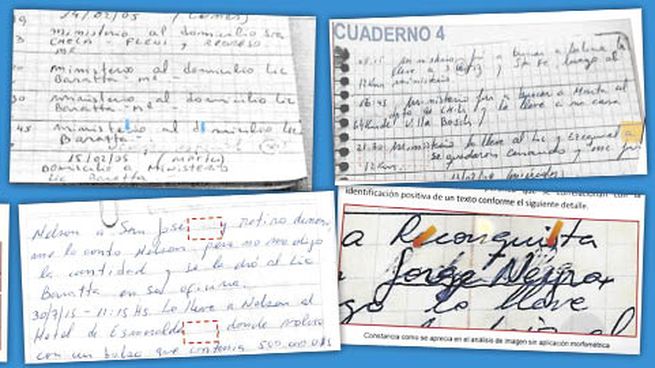 Adulterados. El análisis se hizo sobre las copias digitalizadas de los cuadernos “reaparecidos” en 2019 que la Justicia jamás peritó. La dirección “Alem 855” se reescribió encima de otra; se cambiaron nombres propios de supuestos contactos; se borraron partes; se dejaron espacios en “blanco” para completar locaciones o nombres de calle con espacio para numeración.