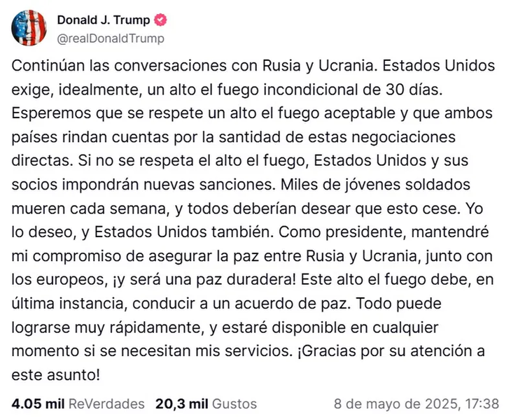 La publicación de Donald Trump en Truth Social. La publicación de Donald Trump en Truth Social.