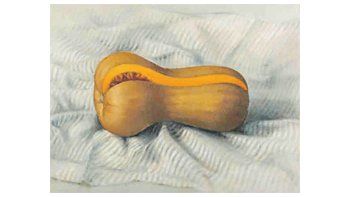 “Calabaza con tajo sobre paño rayado”, una de las 31 obras donadas por Ricardo Garabito al acervo del Malba, todas con temas  cotidianos que el artista lleva a las alturas  a través de una poética de sello inconfundible.