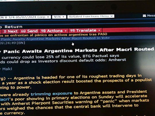 anticipo. Las pantallas de Bloomberg adelantaban en la&nbsp; madrugada de ayer la jornada de caos y pánico que vivirían las acciones y títulos públicos tanto en Argentina como en Wall St. Luego, en Bs. As hubo culpas cruzadas.