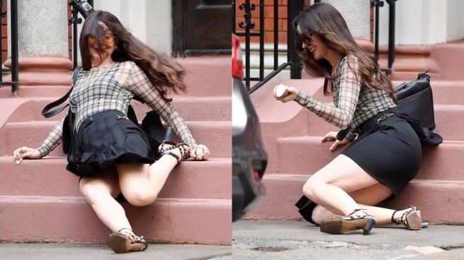 Imagénes registradas de la caída de Anne Hathaway. 