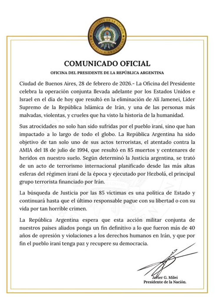 Javier Milei es el único Presidente Sudamericano que “celebró” el inicio de los ataques a Irán. El resto abogó por la Paz.