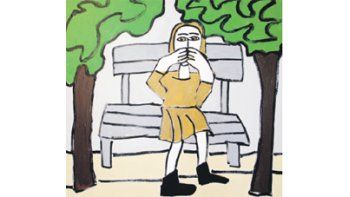 “Rezando en la plaza”, una de las pinturas de “Rezantes”, muestra que inaugura hoy Anna Lisa Marjak en el espacio Elsi Del Río.