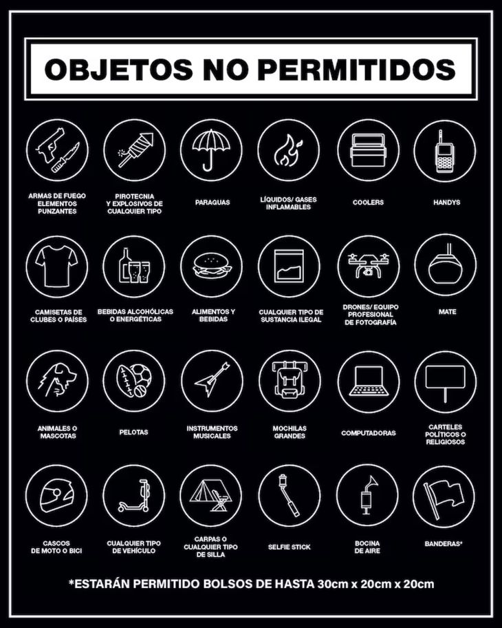 Objetos prohibidos para ingresar al último show de Oasis en el Monumental. Objetos prohibidos para ingresar al último show de Oasis en el Monumental.
