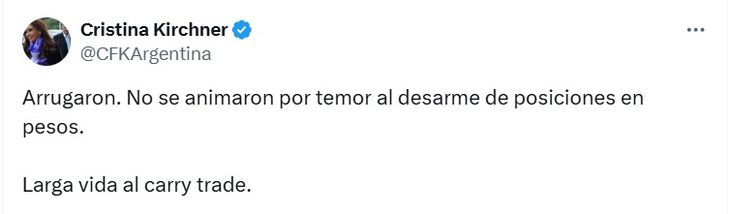 Cristina Kirchner criticó la continuidad del "carry trade": "No se animaron"