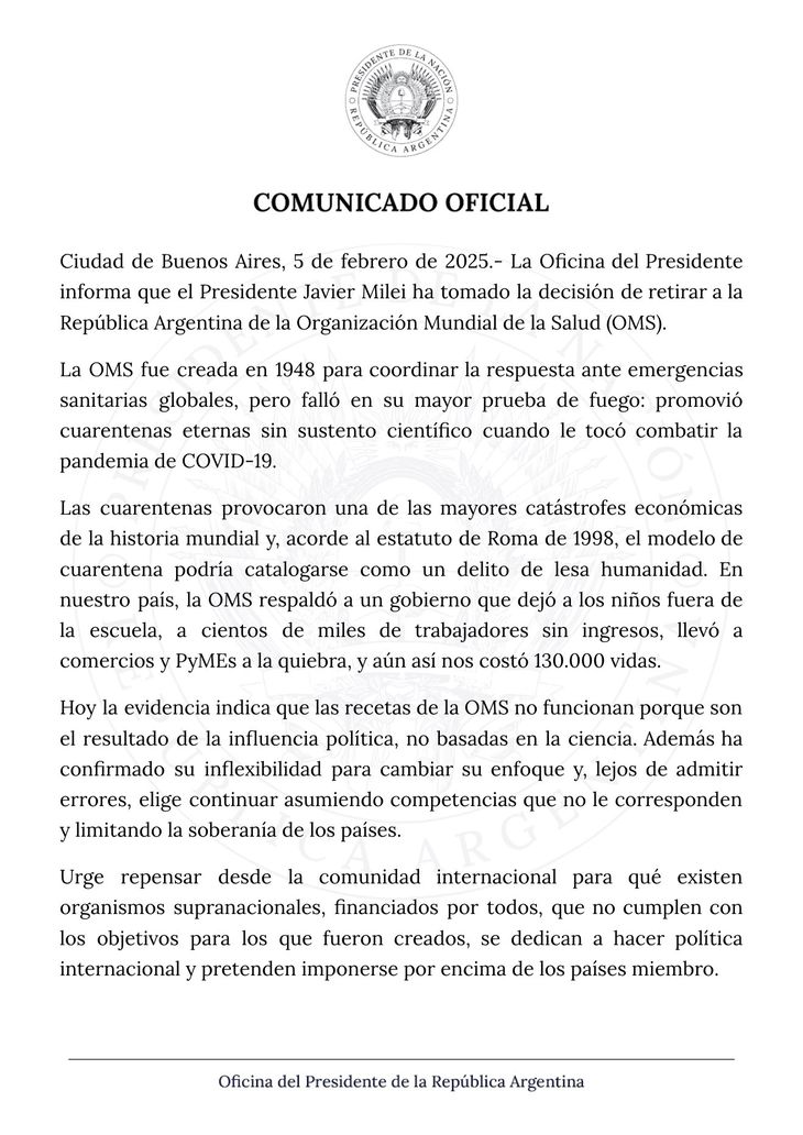 El comunicado oficial que confirma la salida del país de la OMS.