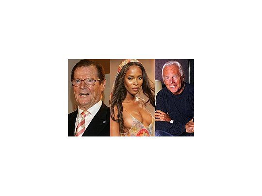 Roger Moore, Naomi Campbell y Giorgio Armani.