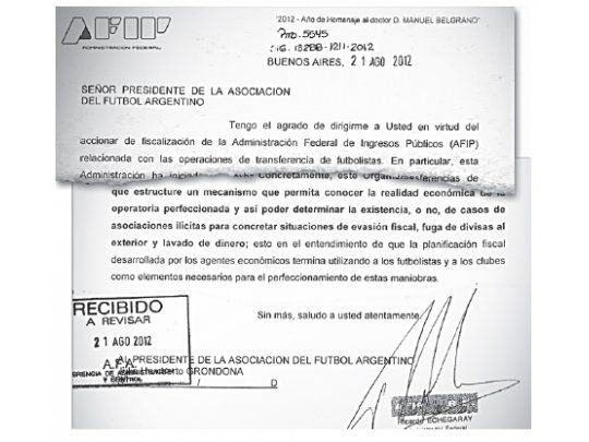 Facsímil de la carta que Ricardo Echegaray le envió a Julio Grondona, anunciándole que a partir de los casos conocidos ayer, el organismo cambiará el régimen para controlar compras y ventas de jugadores. Además obliga a la AFA a aplicar también un nuevo sistema de información.