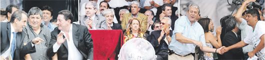 Más de medio gabinete de Cristina se apareció por el acto del camionero. Aníbal Fernández, en la mesa central, cerca de Héctor Recalde. Eufóricos, Carlos Kunkel y Pablo Moyano. Sonrientes y confesionales, estuvieron Guillermo Moreno y Omar Viviani, el lugarteniente del camionero en la CGT.