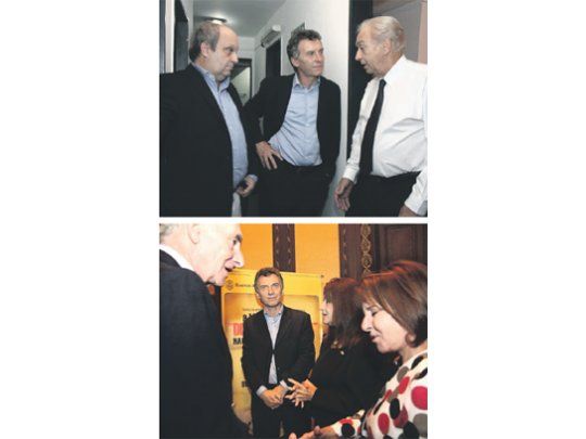 Arriba, Luis Brandoni departe con Mauricio Macri y el ministro de cultura Hernán Lombardi. Debajo, Fernando de la Rúa con Macri, Chiche Duhalde y Emma Illia, hija del ex presidente homenajeado por la obra de Rovner.