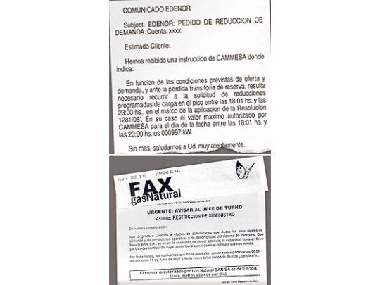 Las distribuidoras de gas avisan por fax del corte del suministro,mientras que las eléctricas utilizan el correo electrónico,tal como se ve en las imágenes.