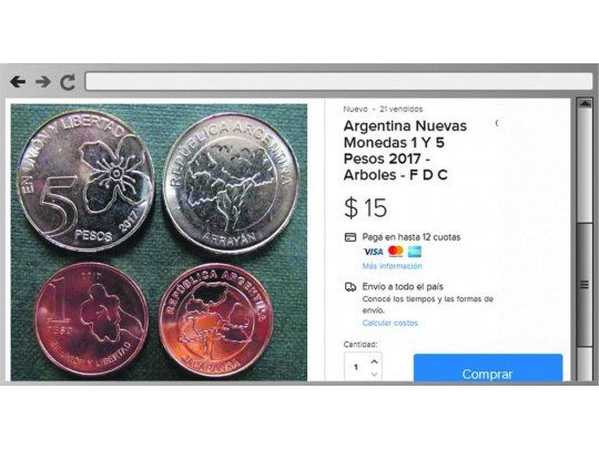 Insólito. En MercadoLibre se ofertan dos monedas a $15. Pertenecen a la serie 2017. Ya se realizaron varias transacciones.