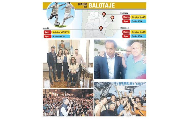 Candidatos ayer en Rosario: Daniel Scioli con el cirujano que lo atendió cuando sufrió su accidente, Federico Ambrosio. Gabriela Michetti con Mónica Fein. Mauricio Macri y Scioli ayer también en Misiones.