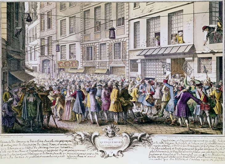 Tras desastrosa experiencia de Johan Palmstruch en Suecia (1657), John Law, el padre de las finanzas modernas reintrodujo el papel moneda en Francia en 1718. El experimento explotó en 1720 con la Burbuja del Mississippi (en 1725 Inglaterra comienza a emitir papel moneda). Grabado mostrando una turba queriendo comprar acciones de la Compañía de Occidente, principal activo del Banque Royale.