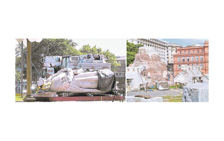 El monumento a Cristóbal Colón, en la plaza del mismo nombre que conforma ahora los jardines de la Casa Rosada, ya está casi totalmente desmontado para su traslado. Un acuerdo con el Gobierno porteño permitirá la mudanza dentro de la Ciudad de Buenos Aires y que el distrito lo conserve como parte de su patrimonio.